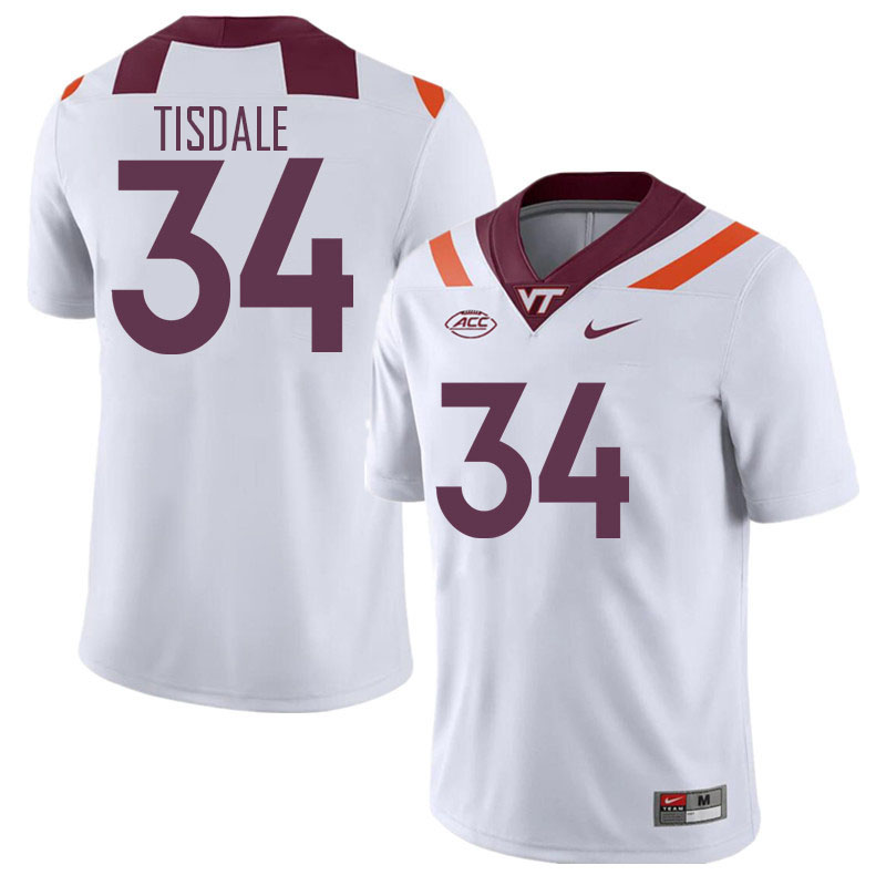 Men #34 Alan Tisdale Virginia Tech Hokies College Football Jerseys Stitched Sale-White - Click Image to Close